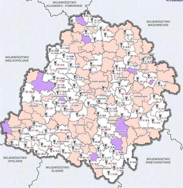 Mapa nr 6. Analiza możliwości lokalizacji i rozwoju farm wiatrowych w województwie łódzkim.