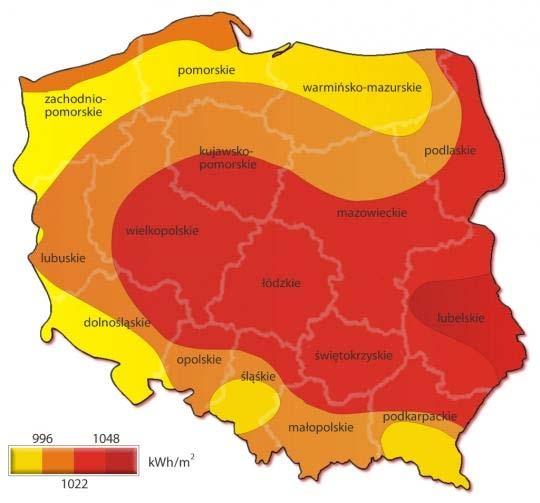 Mapa nr 9. Średnioroczne nasłonecznienie Polski Źródło: Hewlex Usłonecznienie.