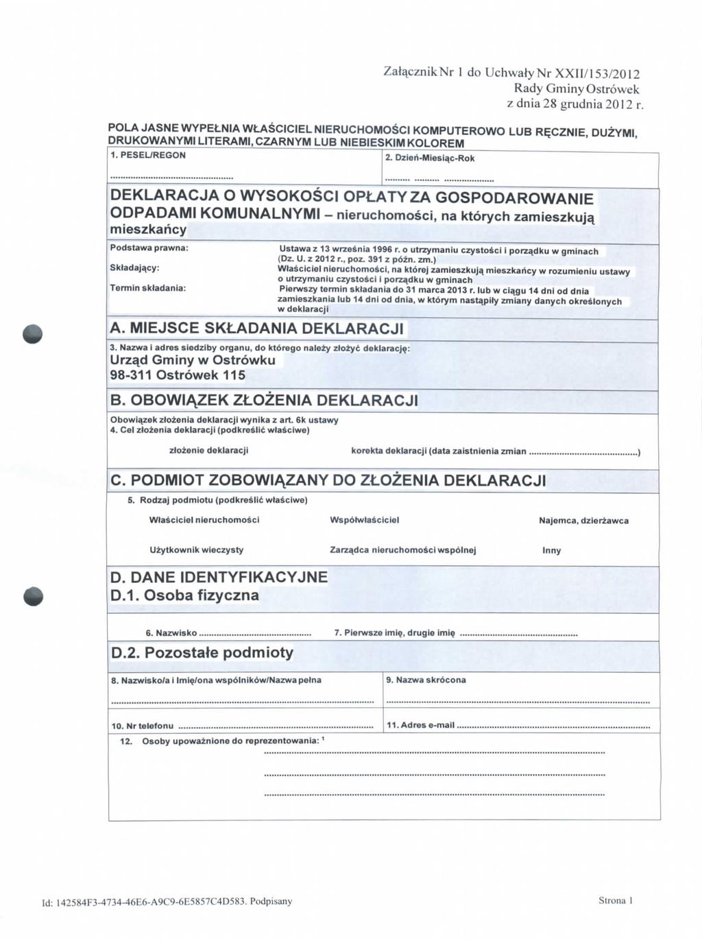 Za%znikNr 1 do UchwatyNr XXII/153/2012 Rady GminyOstrowek zdnia28 grudnia2012 r.