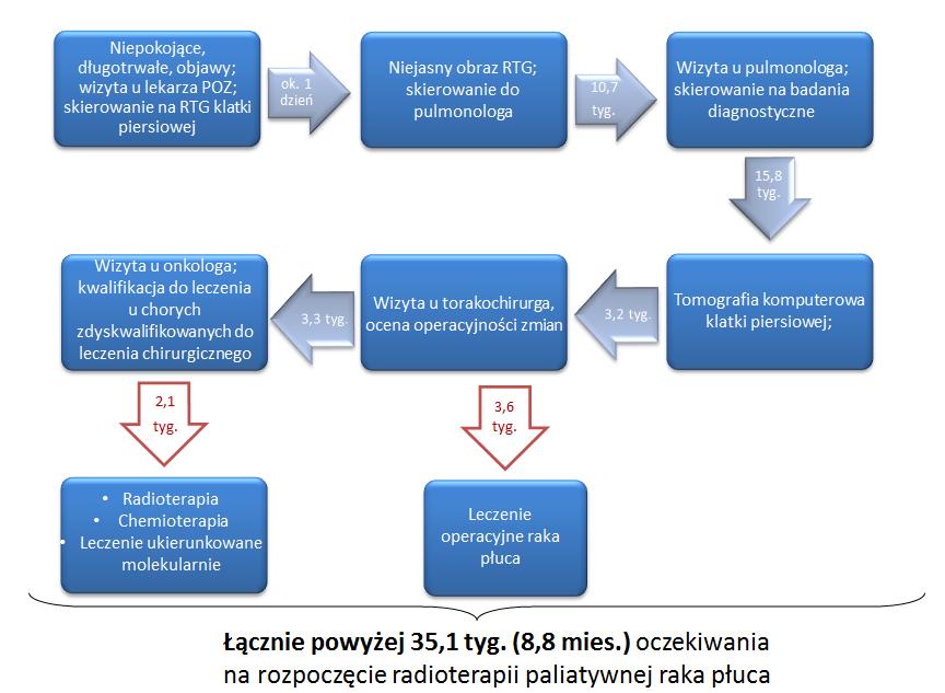 Rysunek 14. Etapowość postępowania w raku płuca od podejrzenia choroby do rozpoczęcia leczenia dla pacjenta BEZ karty DiLO średnie tygodnie.