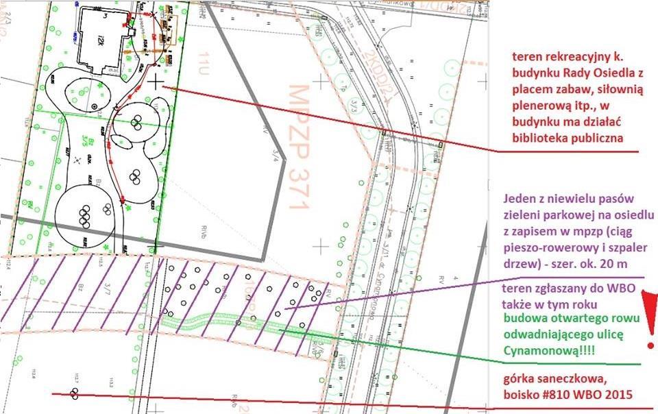 Projekt odwodnienia ul. Cynamonowej w postaci rowu melioracyjnego na działce z zielenią parkową i ciągiem pieszo-rowerowym.