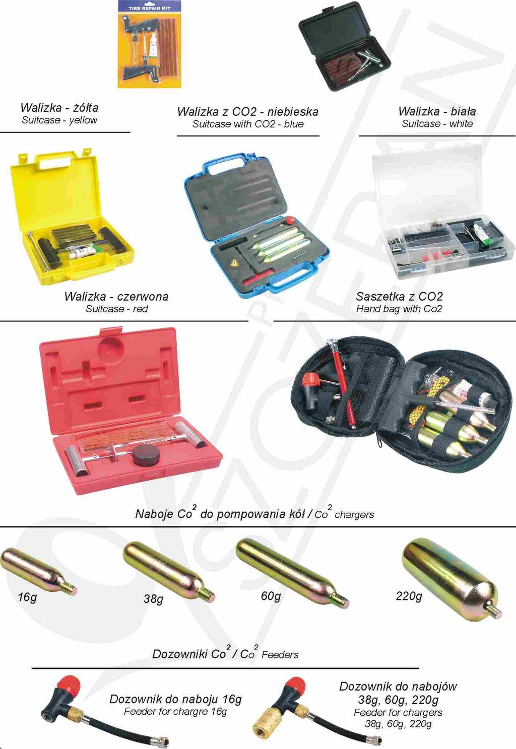 Zestawy naprawcze / Repair kits Walizka - żółta Suitcase - yellow 02-02-47 Blister Walizka z CO2 - niebieska Suitcase with CO2 - blue Walizka - czarna Suitcase - black 02-02-69 02-02-71 02-02-44