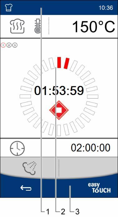 7 Przyrządzanie potraw z easytouch Strona procesowa przyrządzanie Przykład strony procesowej przyrządzanie w interfejsie obsługi easytouch: 1 Górny obszar: Wskazanie aktualnej strony, nazwy wybranego