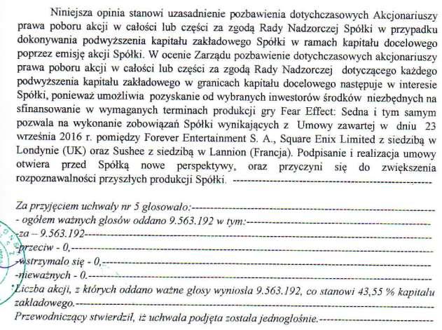 W dniu 8 listopada 2016 roku, Sąd Rejonowy Gdańsk-Północ w Gdańsku VIII Wydział Gospodarczy Krajowego Rejestru Sądowego dokonał rejestracji zmiany nowego brzmienia Statutu Spółki w związku ze zmianą