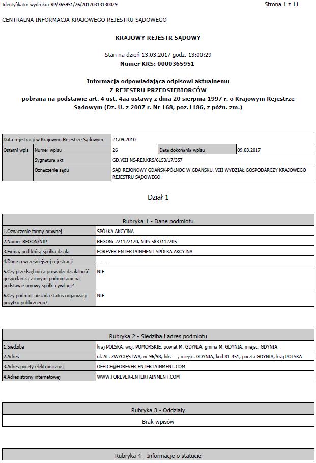 15. Załączniki. 15.1. Odpis z właściwego dla Emitenta rejestru.