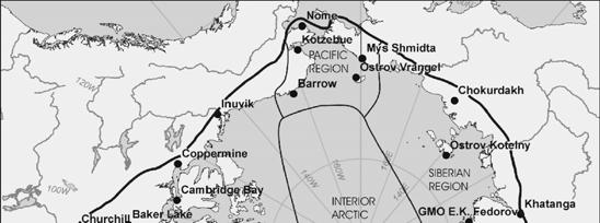 Ryc. 2. Położenie stacji meteorologicznych, z których wykorzystano dane w niniejszej pracy. Granice Arktyki i poszczególnych regionów klimatycznych wg Atlasa Arktiki (1985) Fig. 2. Location of meteorological stations from which climatic data have been used in the present work.