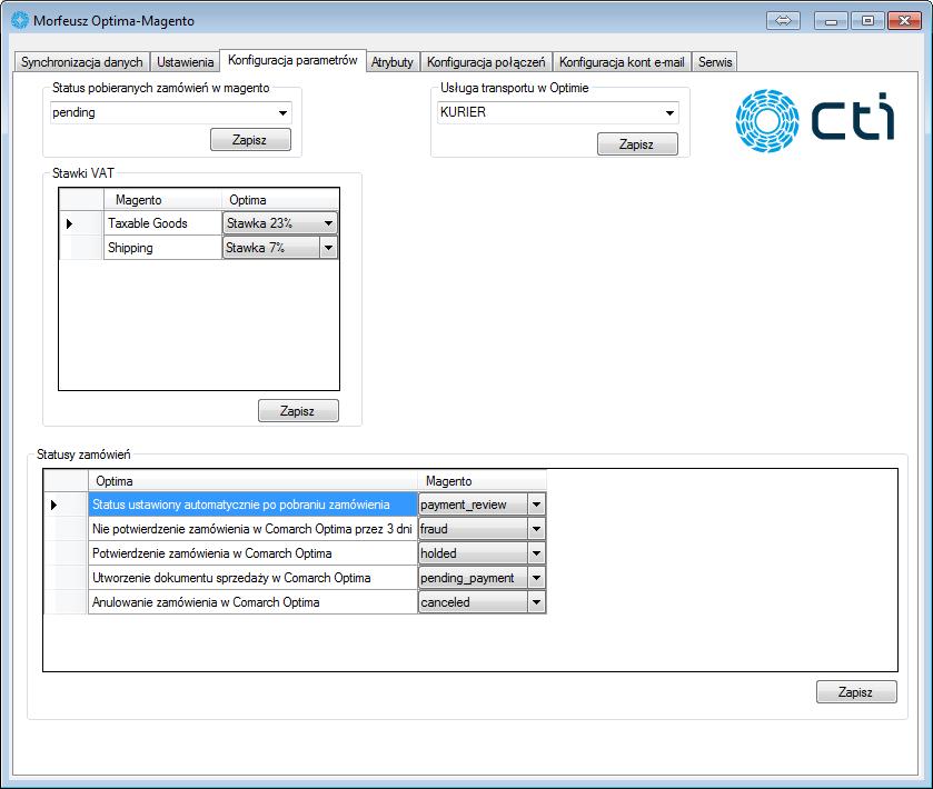6. Konfiguracja parametrów Przed wymianą danych pomiędzy Comarch ERP Optima, a Magento należy zsynchronizować: Statusy zamówień