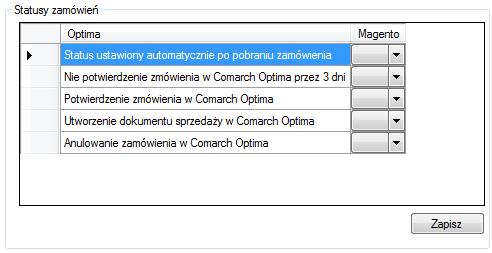 wszystkie inne statusy zamówienia: W kolumnie po lewej stronie wyświetlone są możliwe statusy zamówienia