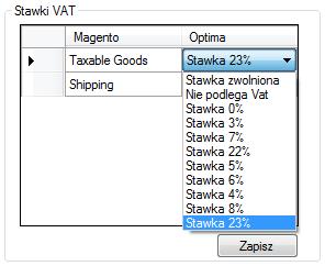 6.3. Stawki VAT W sekcji Stawki VAT należy przypisać stawkom VAT ze sklepu