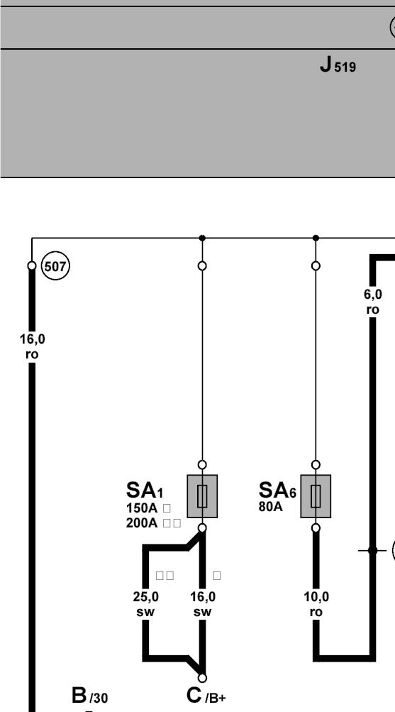 Pa 2 of 9 Golf Schemat elektryczny nr 34 / 2 Akumulat, bezpieczniki A - akumulat B - zrusznik C - alternat SA1 - bezpiecznik 1 w uchwycie bezpieczników na akumulatze SA6 - bezpiecznik 6 w uchwycie