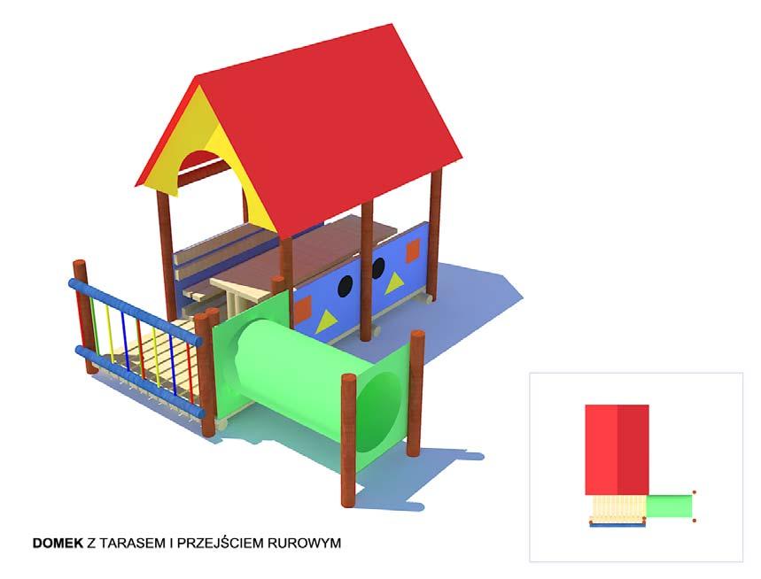 600,0 580,0 Domek z tarasem i przejściem rurowym wymiary: 3,0 x 2,80 m strefa bezpieczeństwa: 6,0 x 5,80 m podłoże piaskowe, żwirowe, korowe, gumowe, trawiaste wysokość upadkowa < 600 mm strefa