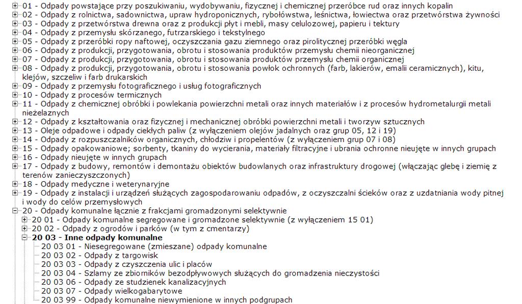 28 Michał Biernacki Pierwsze cyfry oznaczają grupę, do której przynależy dany odpad, np.: 20 03 01 Niesegregowane (zmieszane) odpady komunalne (rys. 1). Rys. 1. Klasyfikacja odpadów Źródło: http://www.