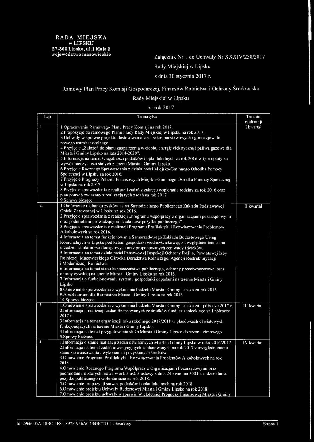 atyka T erm in realizacji 1. 1.Opracowanie Ramowego Planu Pracy Komisji na rok 2017. 2.Propozycje do ramowego Planu Pracy Rady Miejskiej w Lipsku na rok 2017. I kwartał 3.