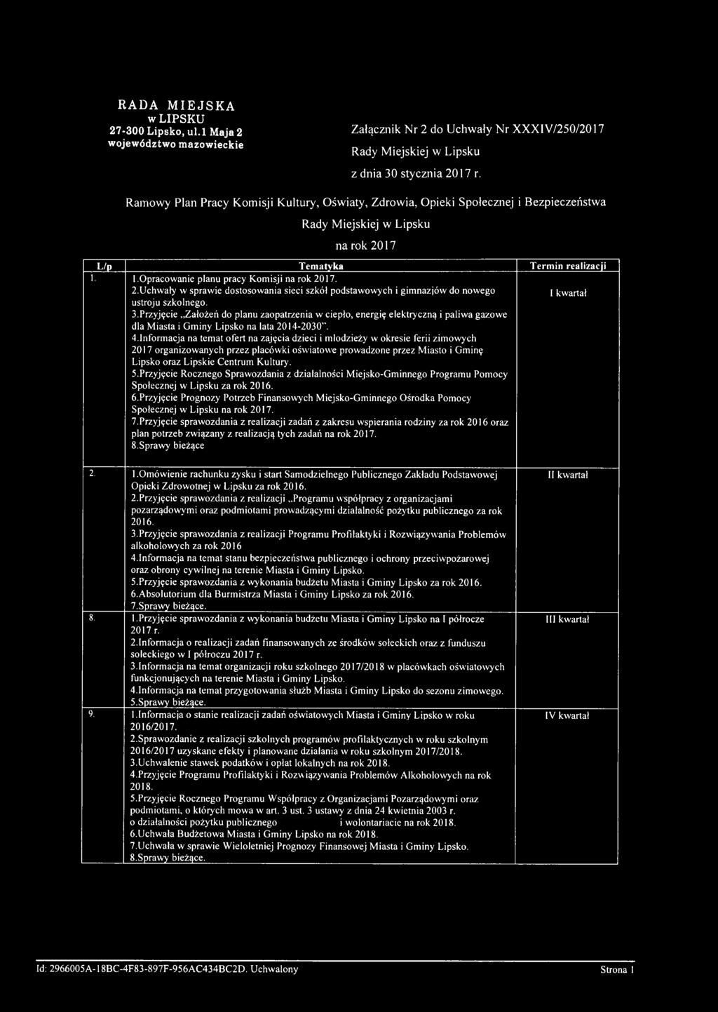 1.Opracowanie planu pracy Komisji na rok 2017. 2.Uchwały w sprawie dostosowania sieci szkól podstawowych i gimnazjów do nowego I kwartał ustroju szkolnego. 3.Przyjęcie.