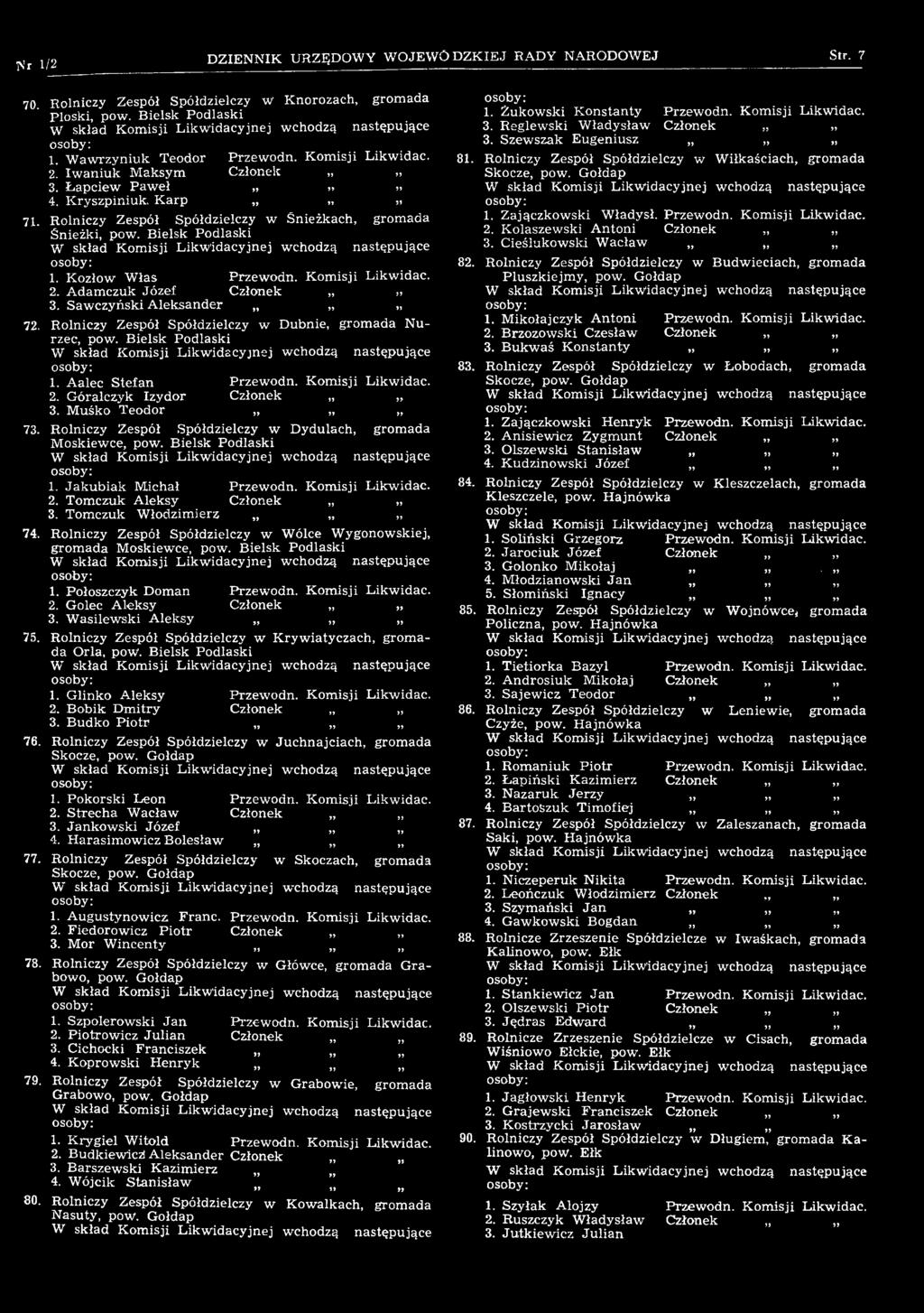 R olniczy Z espół Spółdzielczy w W ólce W ygonow skiej, g rom ada M oskiew ce, pow. B ielsk P odlaski W sk ład K om isji L ik w id acy jn ej w chodzą 1. Połoszczyk D om an 2. G olec A leksy 3.
