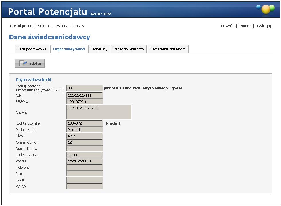 10 Organ założycielski - widok w trybie przeglądu danych (wypełnione przykładowymi danymi) Kliknięcie przycisku umożliwia edycję wyświetlanych danych.