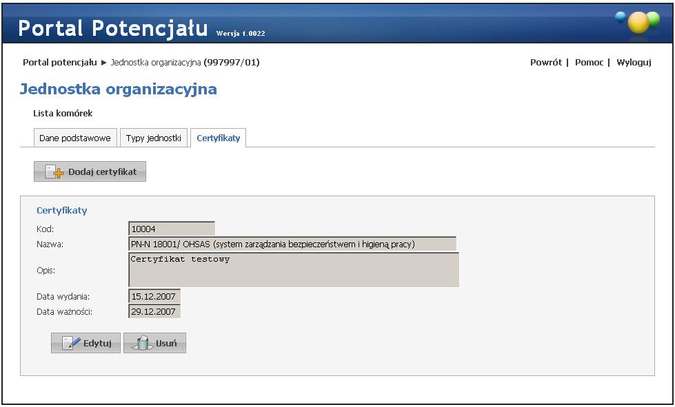 Kliknięcie Usuń, znajdującego się po prawej stronie każdego wybranego typu, umożliwia usunięcie typu jednostki z systemu. 3.1.