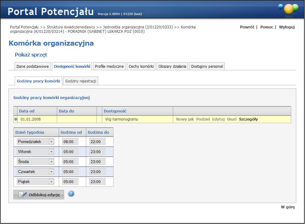 22 Dostępność komórki organizacyjnej (wypełnione przykładowymi danymi) Naciśnięcie przycisku uaktywnia możliwość edycji godzin pracy, jak również tworzenie nowych okresów dostępności, a przy tym