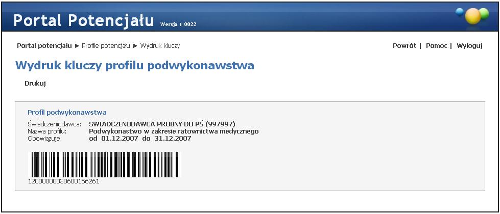 48 Przycisk Wydruk kluczy umożliwia wygenerowanie klucza profilu podwykonawstwa dla świadczeniodawcy. Klucz należy wydrukować i przekazać świadczeniodawcy.