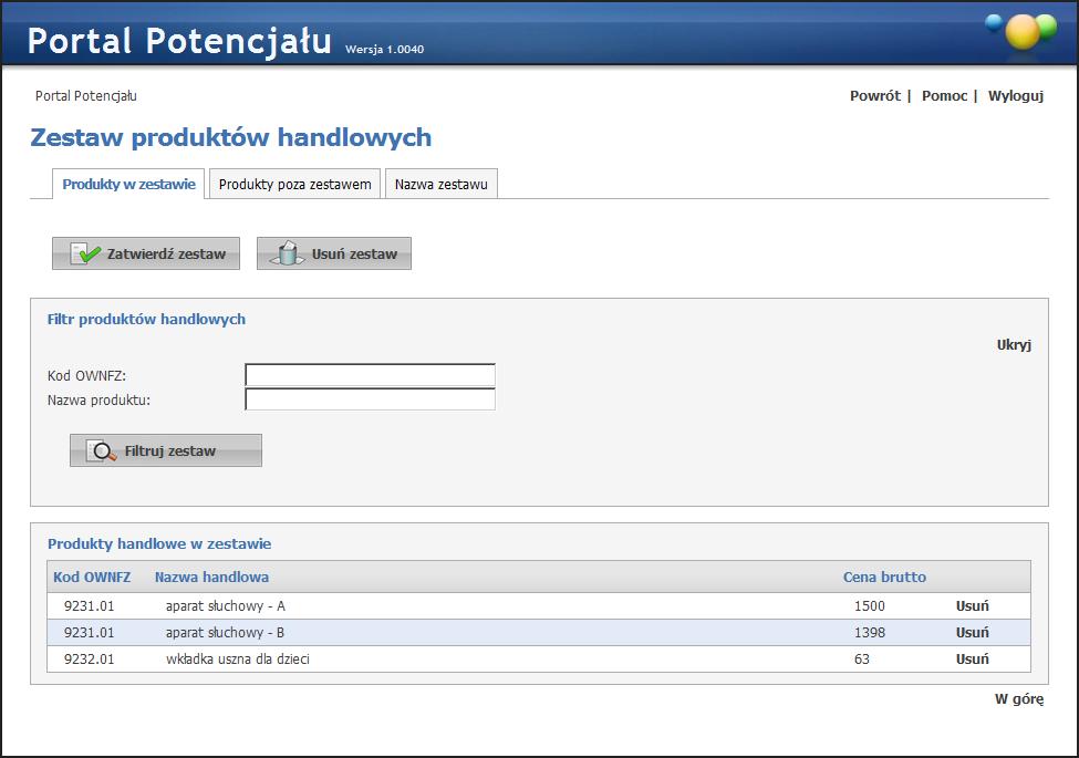 Zestawy produktów handlowych Po prawej stronie każdego zestawu dostepny jest przycisk Szczegóły, po kliknięciu którego wyświetlone zostaną okno z precyzyjnymi danymi zestawu.