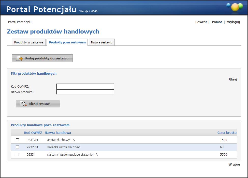 56 Zestawy produktów handlowych - zakładka 'Produkty poza zestawem' (wypełnione przykładowymi danymi) Na zakładce Produkty poza zestawem wyświetlone są produkty nie