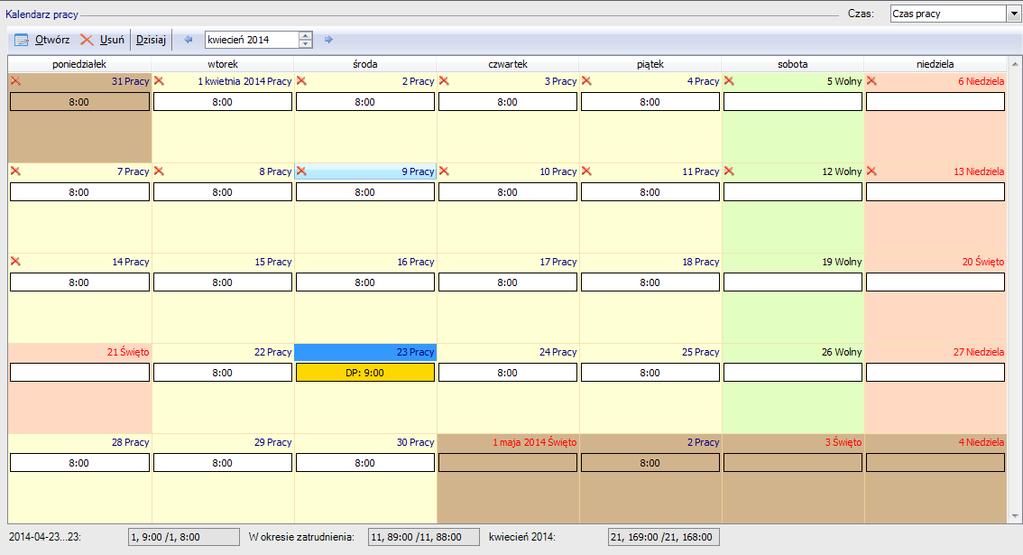 Kalendarz / Czas pracy Opcja służy odnotowaniu rzeczywistego czasu pracy.