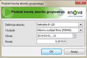 Czynności - naliczanie akordu grupowego Wynagrodzenie pracownika akordowego liczone jest następująco: dla wszystkich członków grupy sumowane są iloczyny: czas pracy x definiowany współczynnik