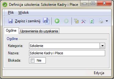 Szkolenia / Definicje szkoleń Na liście "Definicje szkolenia" znajduje się lista wprowadzonych definicji szkoleń. Nową definicję szkolenia dodajemy poprzez wskazanie "Nowy(Definicja szkolenia)".