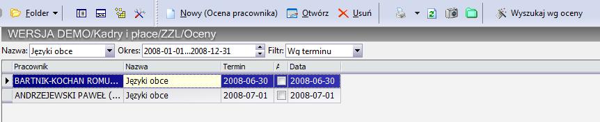 ZZL / Oceny W systemie enova informacje o ocenie pracowników wyświetlają się w postaci listy pracowników, wraz z nazwą kryterium wyszukania zdefiniowaną w konfiguracji programu Narzędzia / Opcje I