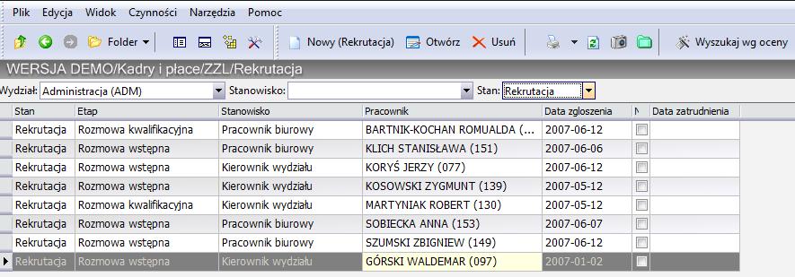 ZZL / Rekrutacja Proces doboru odpowiednich pracowników, na wolne stanowiska pracy, składający się zwykle z kilku etapów: wstępnej selekcji nadesłanych aplikacji, analizy dokumentów, rozmowy