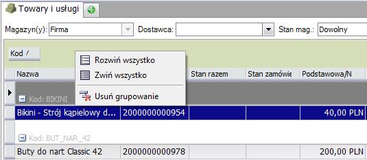 Trzymając wskaźnik myszy na szarym pasku nad kolumnami, klikamy prawym klawiszem myszy. Z dostępnego menu wybieramy np. Rozwiń wszystkie grupy.