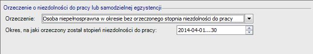 Kadry / Informacje ZUS Na zakładce jest możliwość zaewidencjonowania wydanego przez ZUS orzeczenia potwierdzającego, że osoba niepełnosprawna jest w podanym okresie bez orzeczonego stopnia