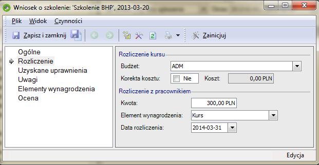 Pracownik Wniosek o szkolenie / Rozliczenie Zakładka Uzyskane uprawnienia możliwość dodania nowego uprawnienia z listy wynikającej z konfiguracji Kategorii Uprawnień oraz Definicji Uprawnień.