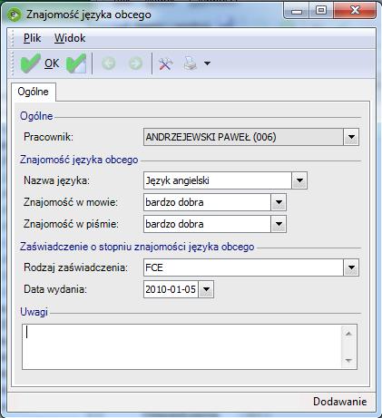 Kadry Pozostałe / Znajomość języków obcych Zakładka umożliwia wprowadzenie informacji o znajomości języków obcych.