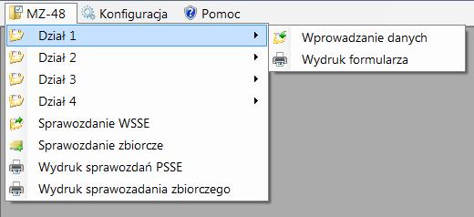 Menu <MZ-48> W menu <MZ-48> dostępne są 4 podmenu (<Dział 1>, <Dział 2>, <Dział 3>, <Dział 4>) oraz 4 polecenie