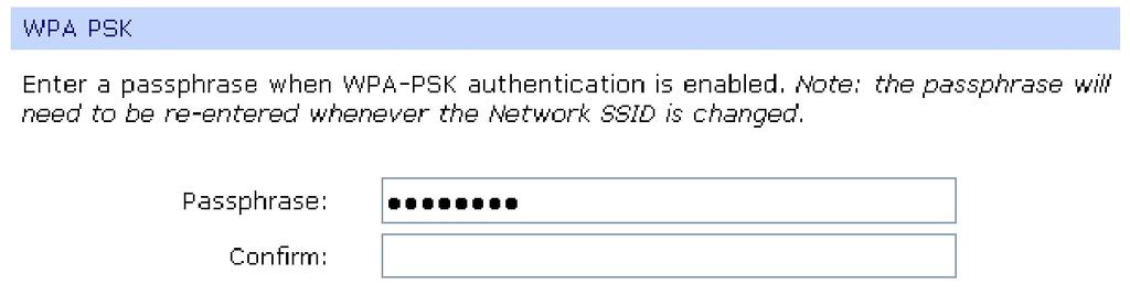 Następnie w części WPA PSK w polu Passphrase oraz Confirm należy wprowadzić dowolne hasło które będzie kluczem wykorzystywanym podczas połączenia. Wpisujemy hasło np.