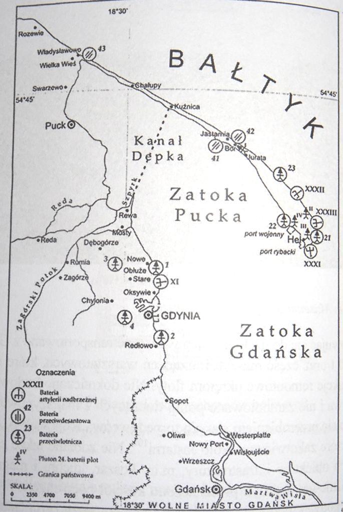 Rys. 5. Rozmieszczenie poszczególnych baterii artylerii na polskim wybrzeżu we wrześniu 1939 roku (A. Drzewiecki (red.),