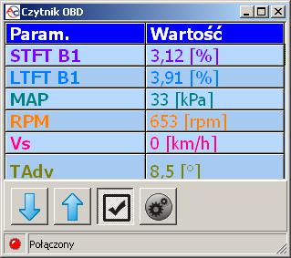 Rysunek 48 Czytnik parametrów OBD2/EOBD Okno czytnika może wyświetlać maksymalnie do 7 parametrów jednocześnie.