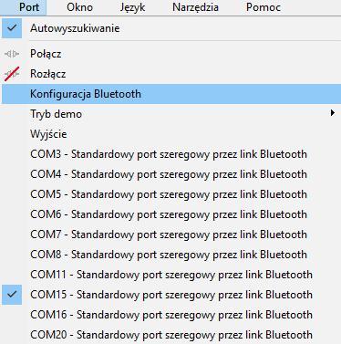 Rysunek 60 Widok zakładki Port w pasku Menu Rysunek 61 Okno konfiguracji Bluetooth Aby mieć pewność, że zmiany konfiguracji nie wykonuje osoba trzecia, wymagana jest aktywacja trybu programowania z