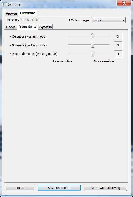 Ustawienia czułości Wybierając zakładkę Firmware, a następnie zakładkę Sensivity uzyskasz dostęp do ustawień czułości czujnika wstrząsów oraz detektora ruchu.