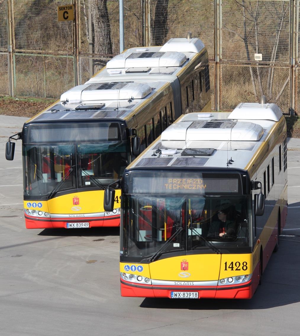 MZA Warszawa wybrane działania w obrębie zakupu taboru: W roku 2014 Spółka rozpoczęła test 15 autobusów z prototypową instalacją paneli fotowoltaicznych (aut.