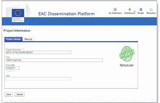 INFORMACJE dla beneficjentów programu Erasmus+ Treści Beneficjenci zamieszczają na Platformie rezultaty swojego projektu, a także jego logo i adres strony internetowej.