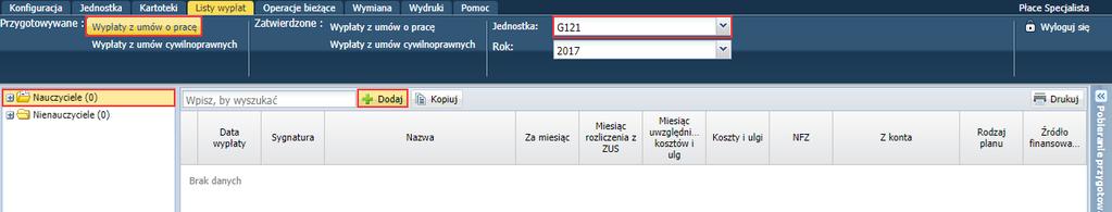 Jeśli masz uprawnienia do kilku szkół, to w polu Jednostka wybierz szkołę, dla której chcesz przygotować listę płac. 4. W sekcji Przygotowywane kliknij przycisk Wypłaty z umów o pracę. 5.