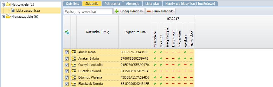 W wyświetlonym oknie zaznacz te składniki i potrącenia, które mają być