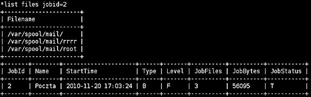 Lista plików zadania W bazie danych Bacula, oprócz informacji o wykonanych zadaniach, woluminach czy pulach woluminów, przetrzymywane są również wszystkie nazwy zapisywanych plików wraz z ich