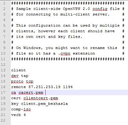 Poprawna konfiguracja wygląda tak, jak na poniższym rysunku: Zapisujemy ten plik np. jako client.ovpn. 5.