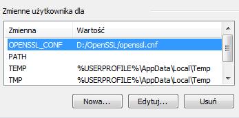 Pod zmiennymi użytkownika tworzymy nową zmienną, która będzie wskazywać na plik openssl.cnf, która po dodaniu widnieje w polu zmiennych użytkownika: 4. W pliku openssl.