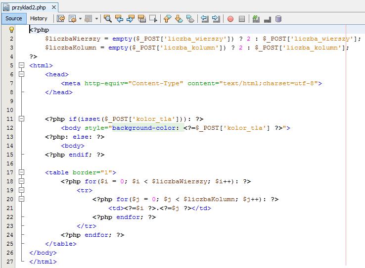 [plik PHP] <?php $liczbawierszy = empty($_post['liczba_wierszy'])? 2 : $_POST['liczba_wierszy']; $liczbakolumn = empty($_post['liczba_kolumn'])?