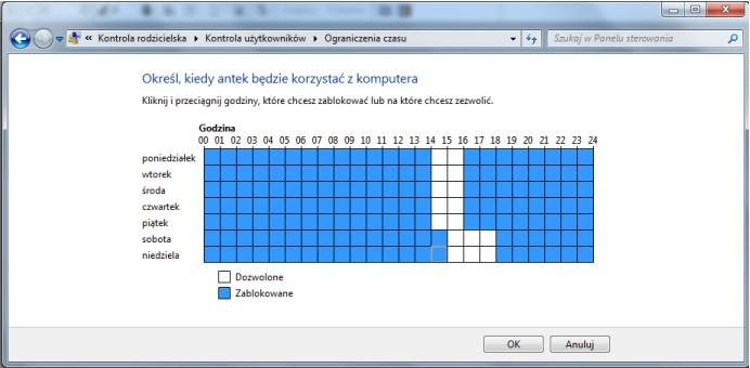 Konfiguracja Limitu czasowego Limit czasowy kiedy dziecko może korzystać z