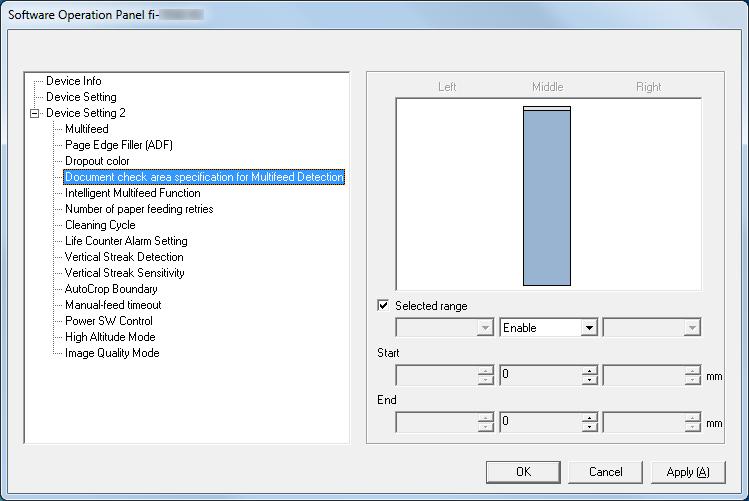 Określanie zakresu, w którym mają być wykrywane podwójne pobrania [Document check area specification for Multifeed Detection] To ustawienie jest dostępne tylko, gdy wybrana została opcja [Check